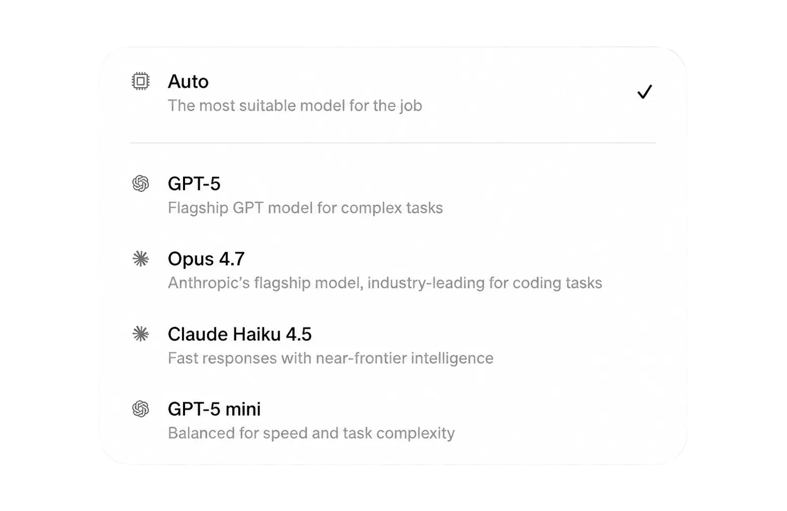 Switch between AI models — Auto, GPT-5, Claude, Gemini
