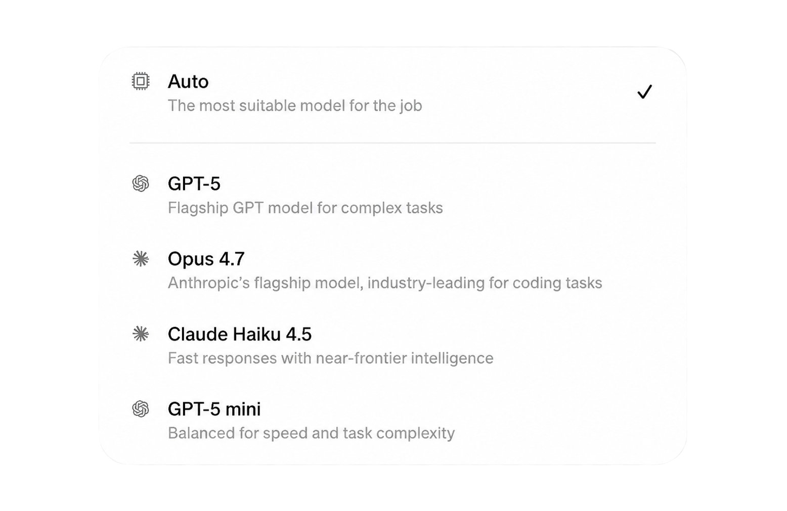 The model picker with Auto, GPT, Claude, and other models