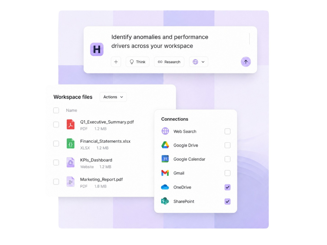 Harriet Desktop chat with a Connections panel showing Web Search, Google Drive, OneDrive, and SharePoint
