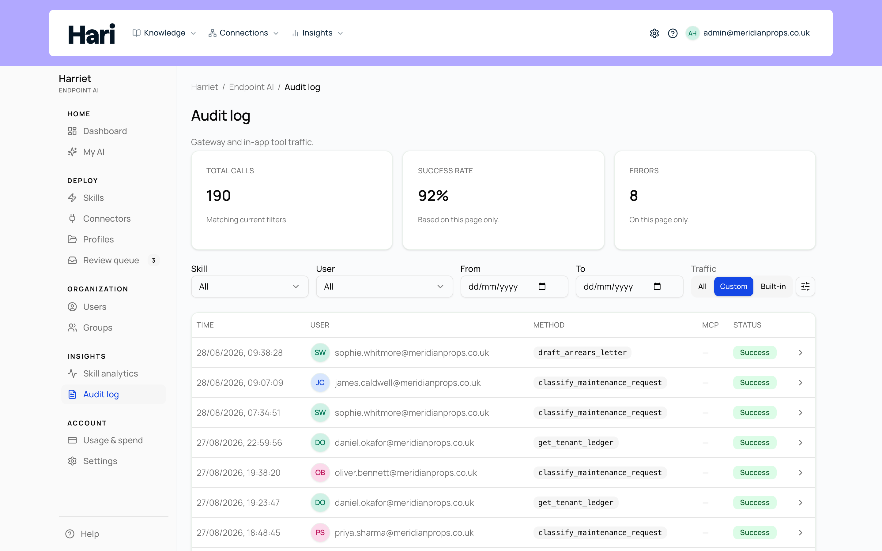 The audit log with totals, success rate, and per-call rows