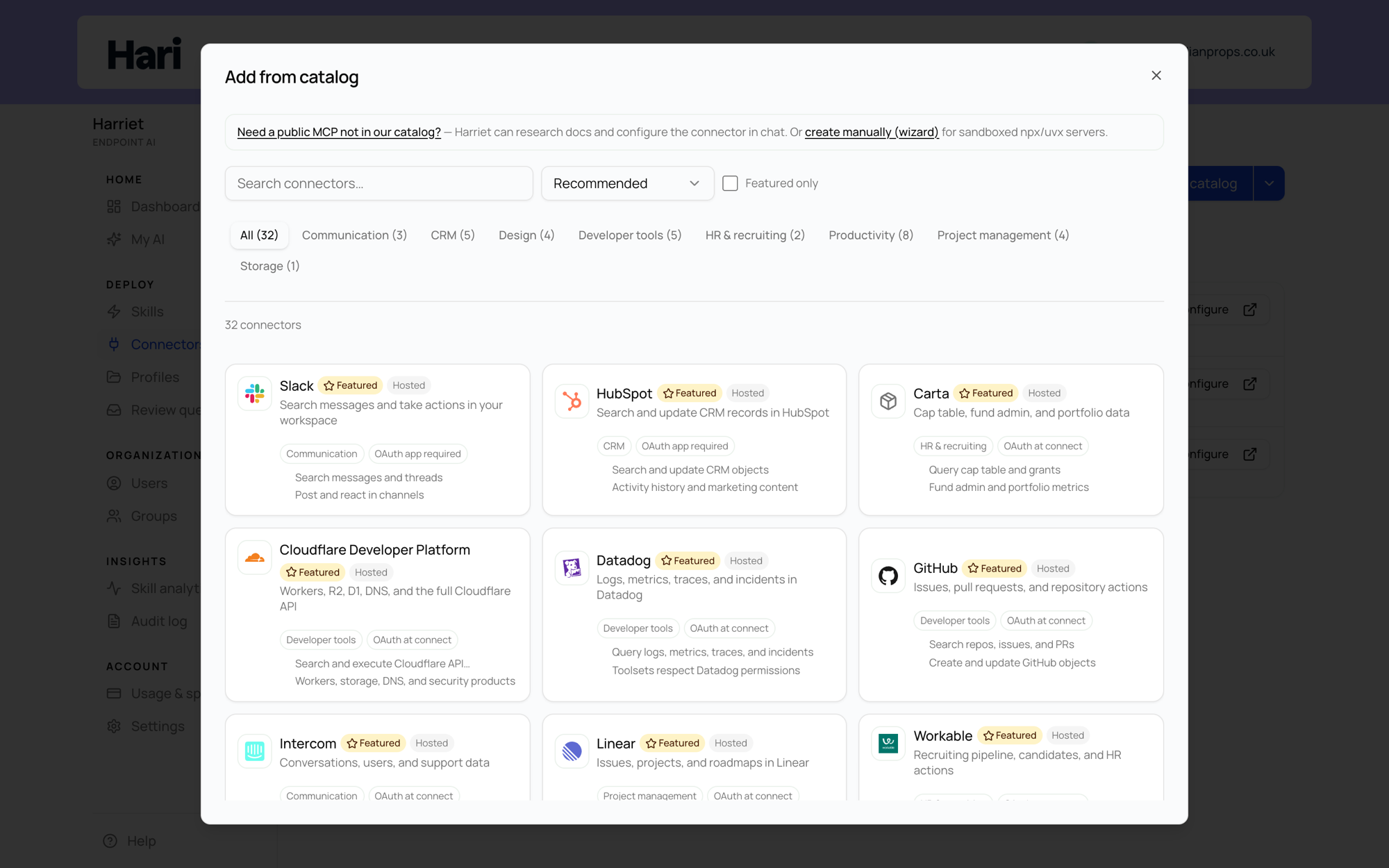 The Add from catalog dialog listing available connectors