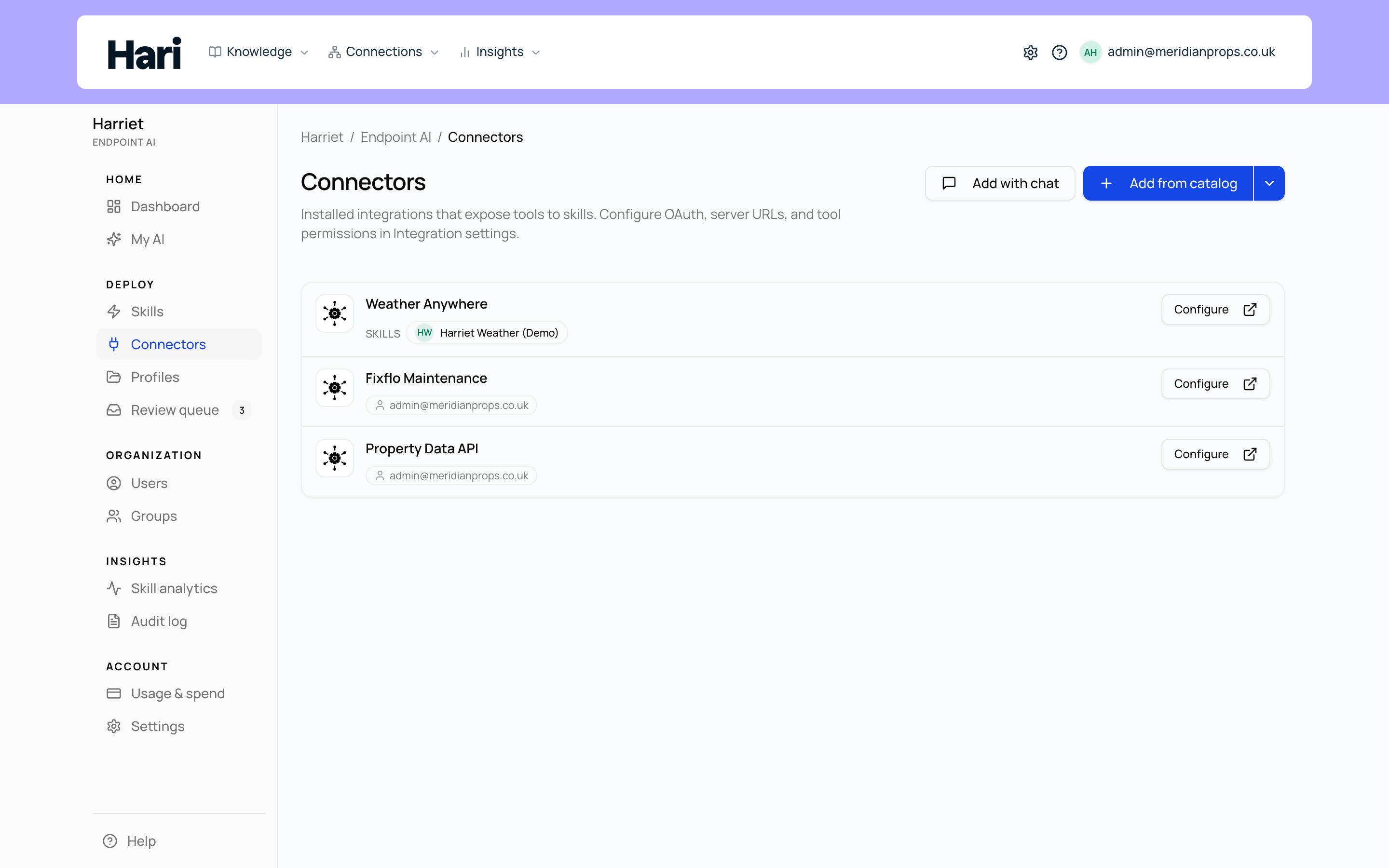 The Connectors screen listing installed integrations