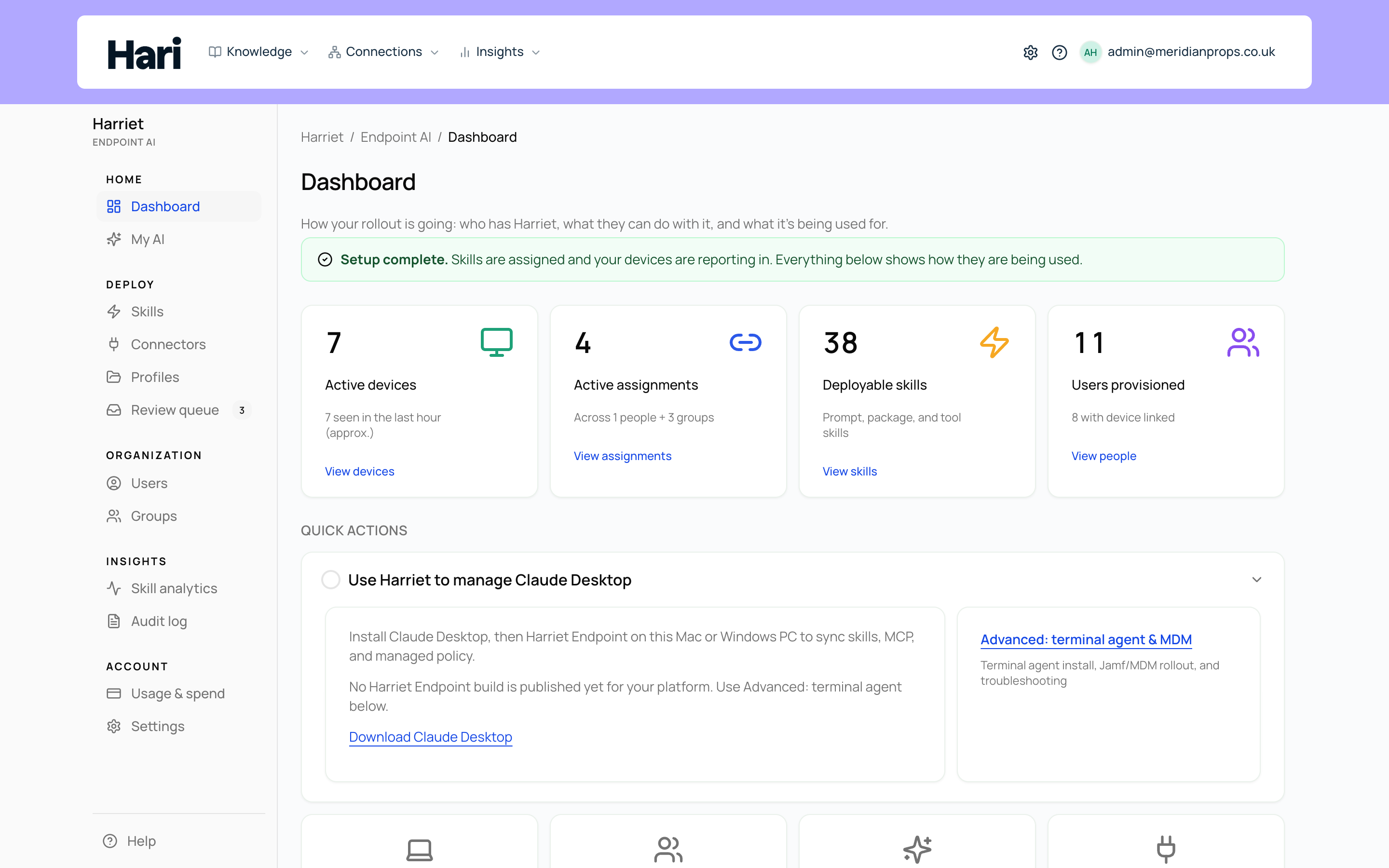 The Endpoint AI dashboard with rollout KPIs and quick actions