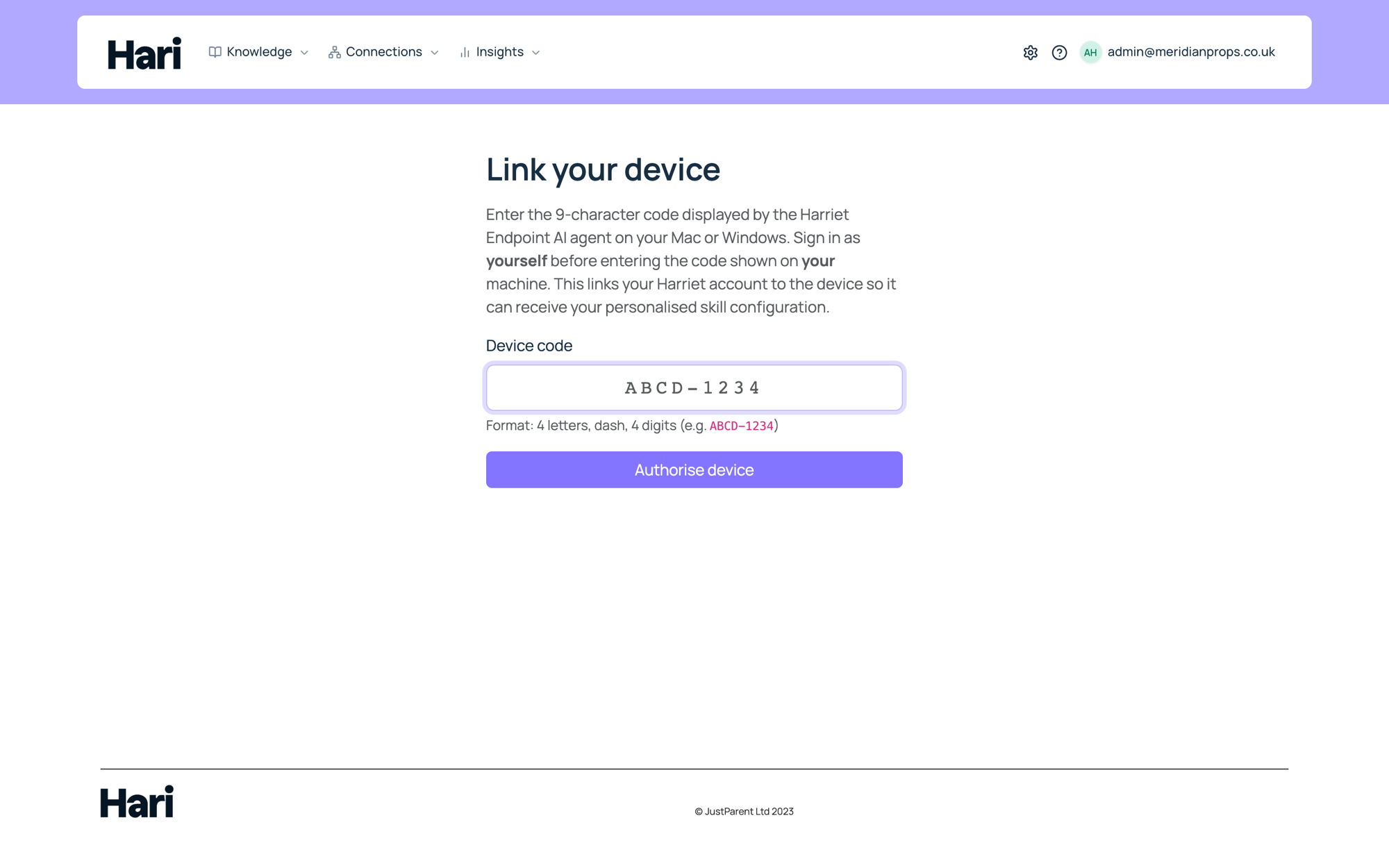 The Link your device page asking for a 9-character code