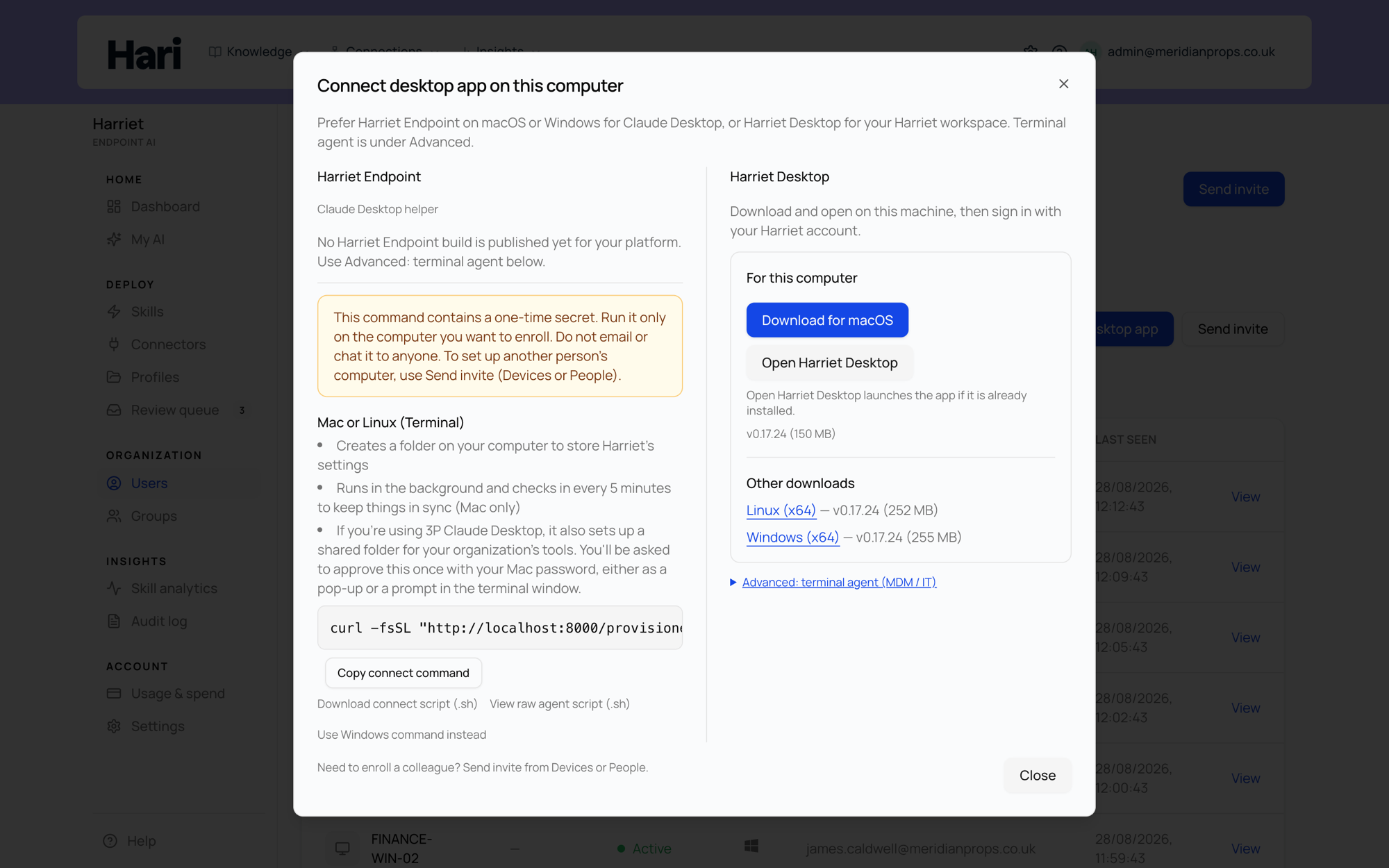 The Connect desktop app dialog with the terminal install command