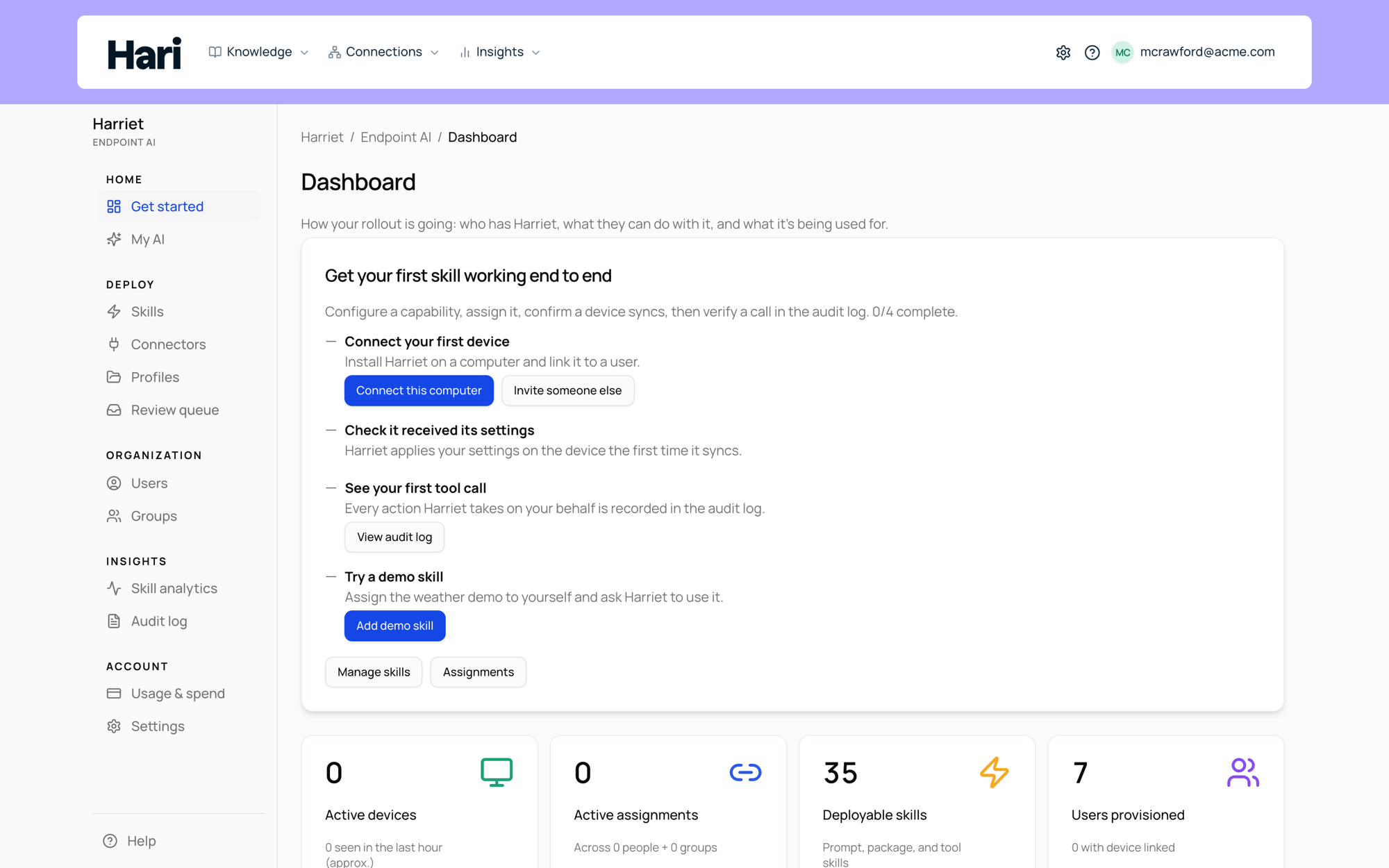 A new organization’s dashboard with the four-step setup checklist
