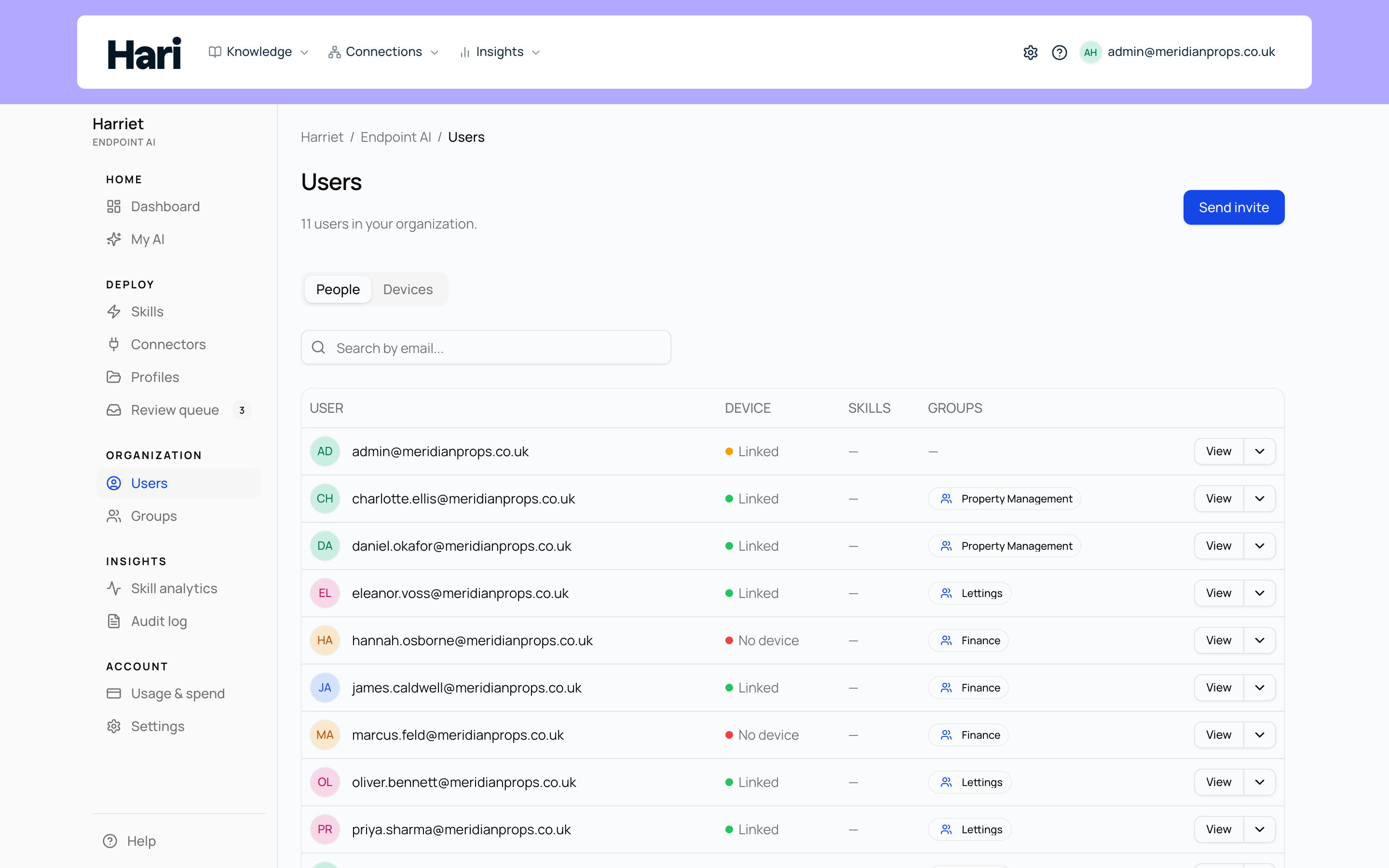 The People directory with device status and team membership