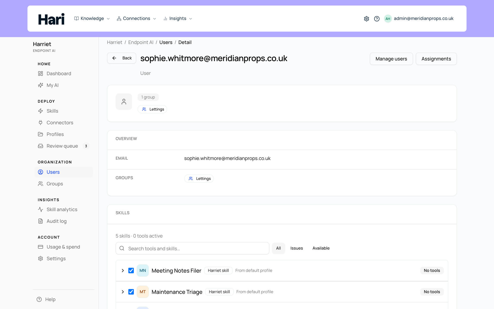 A person detail page showing their teams and effective skills