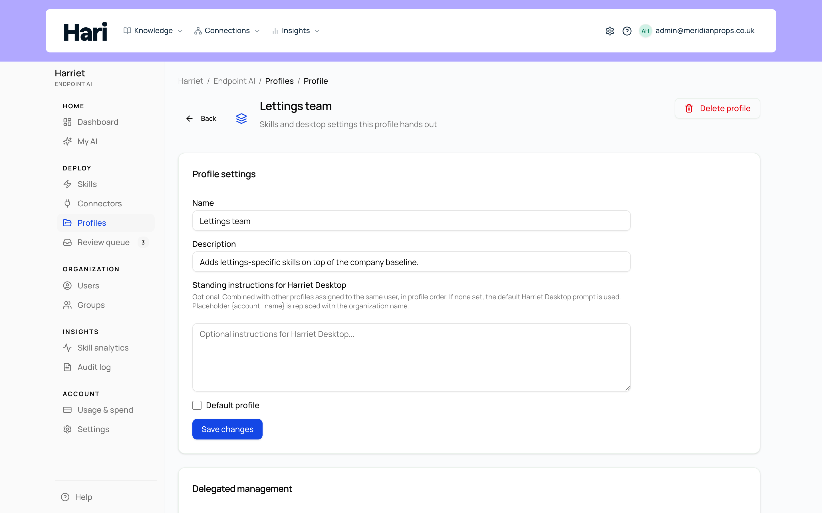 A profile detail page with settings and instructions