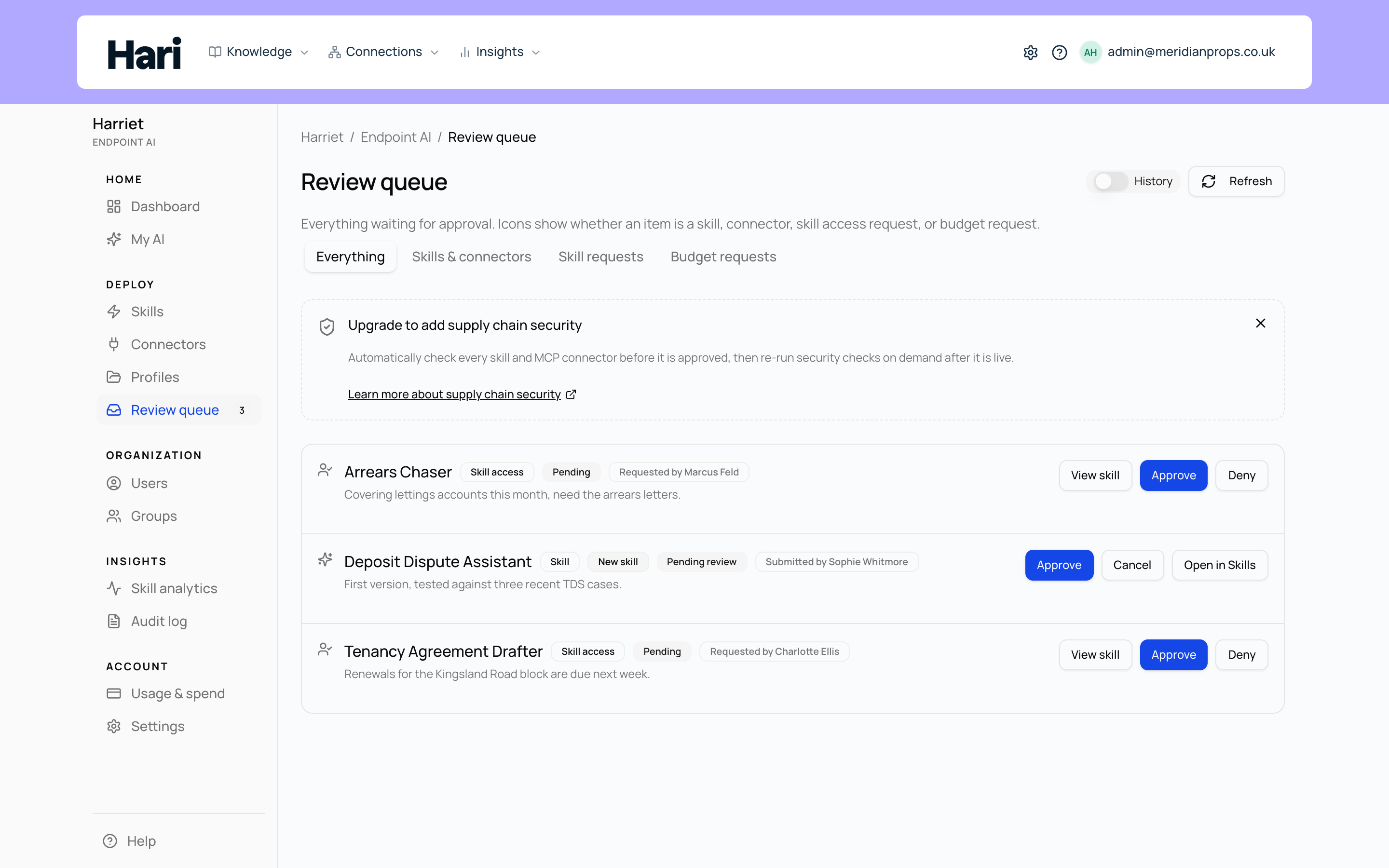 The review queue listing a submitted skill and two access requests
