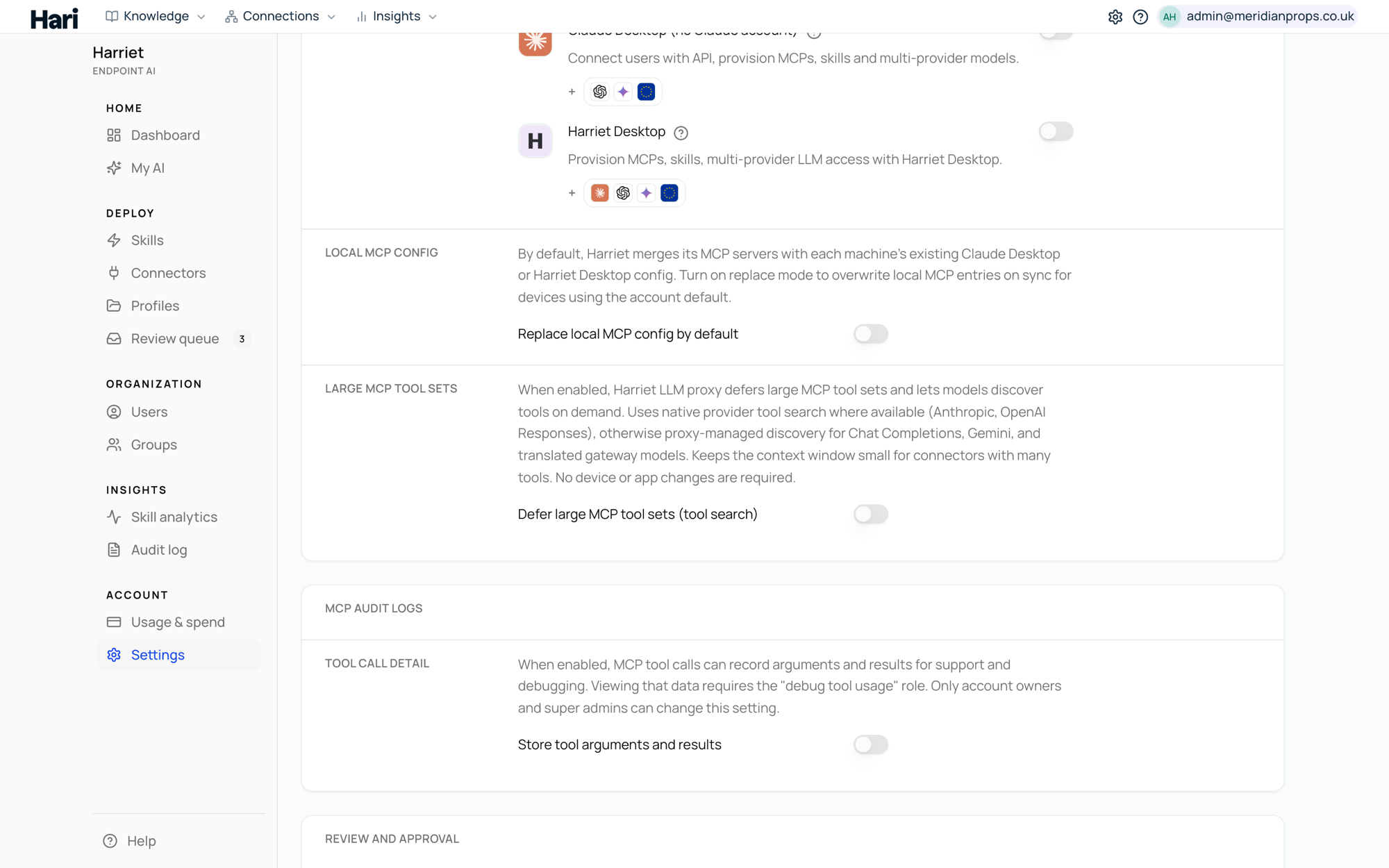 The LLM proxy section of organization settings