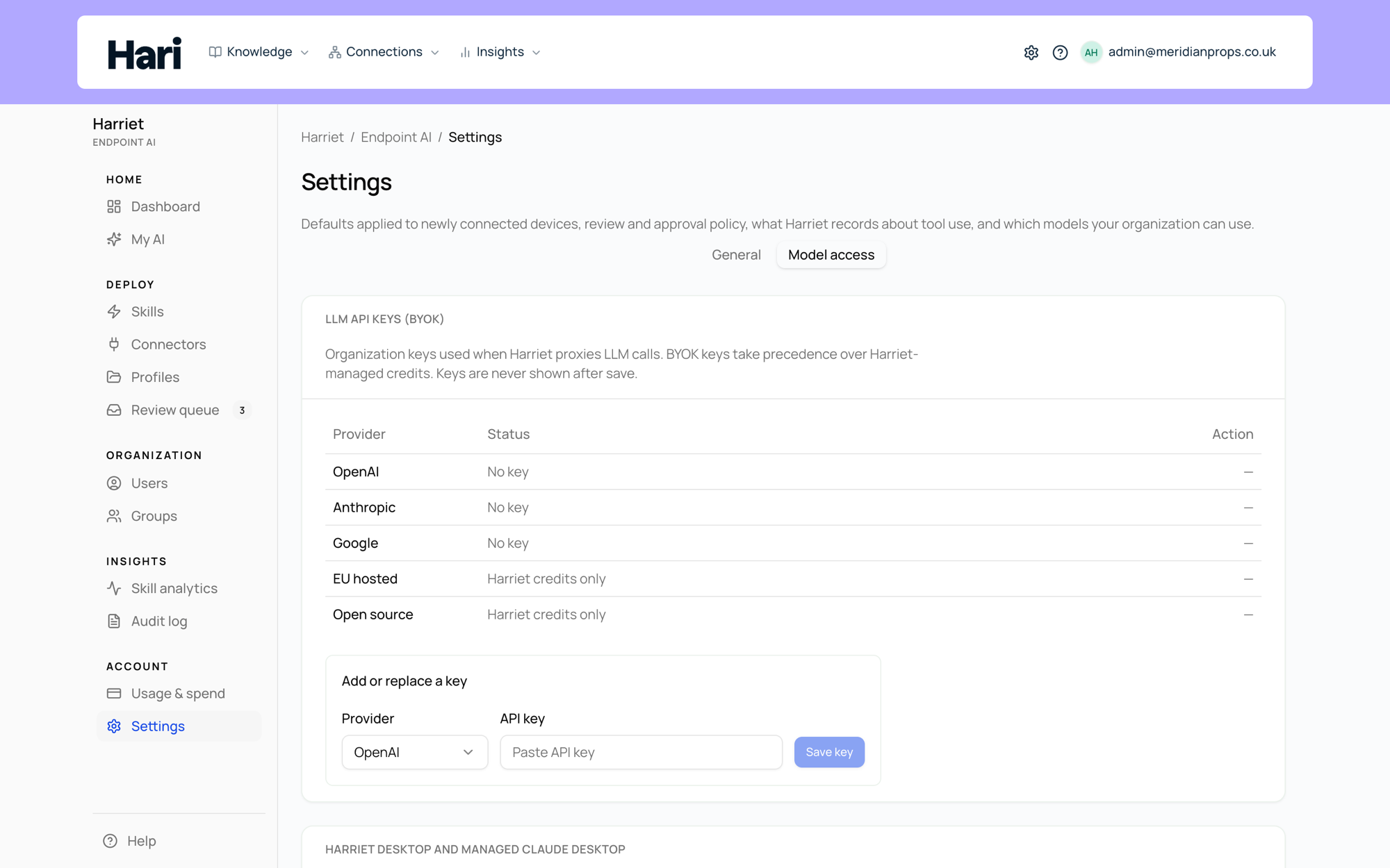 The LLM API keys (BYOK) table under Settings, Model access