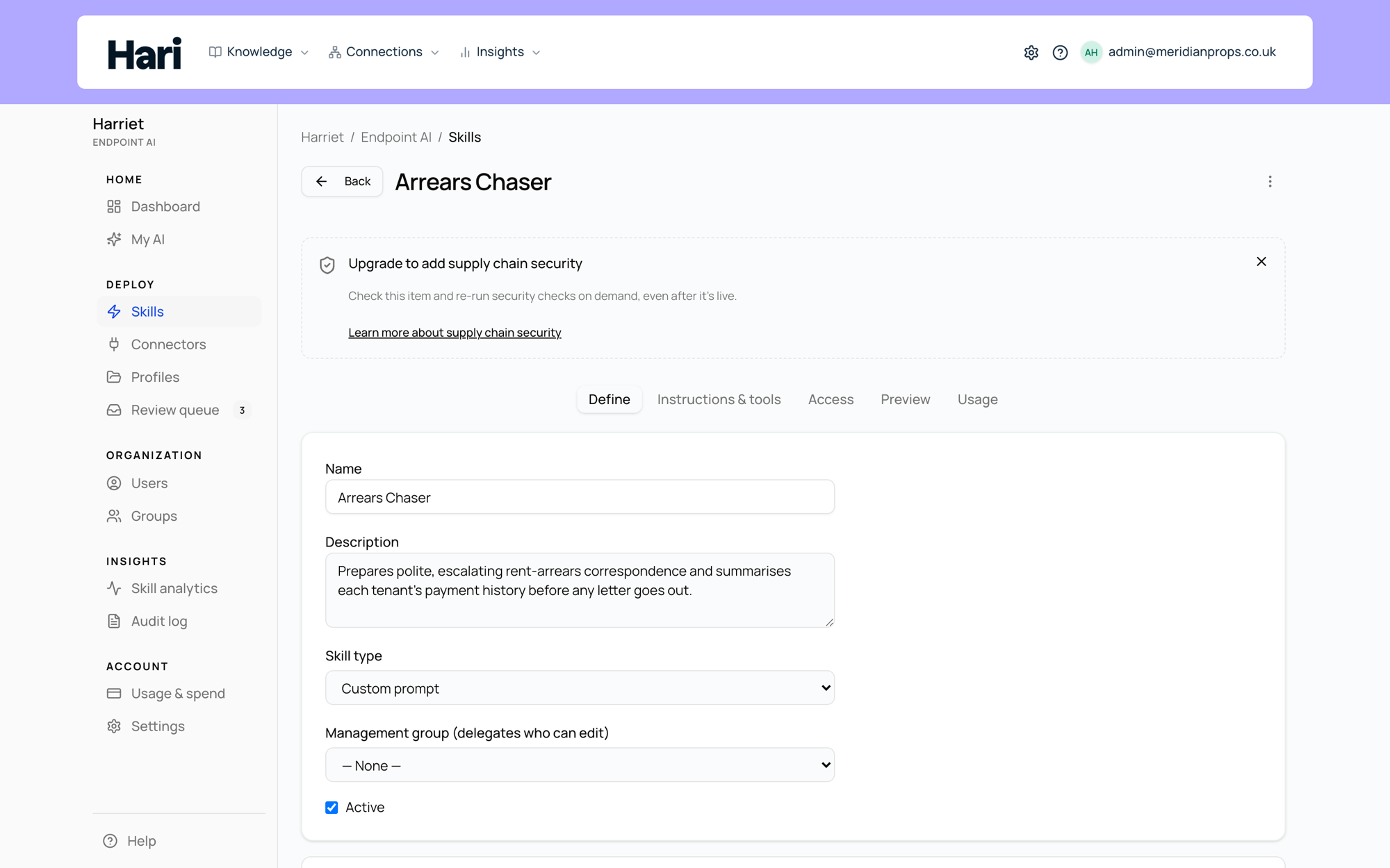The skill editor open on a custom prompt skill