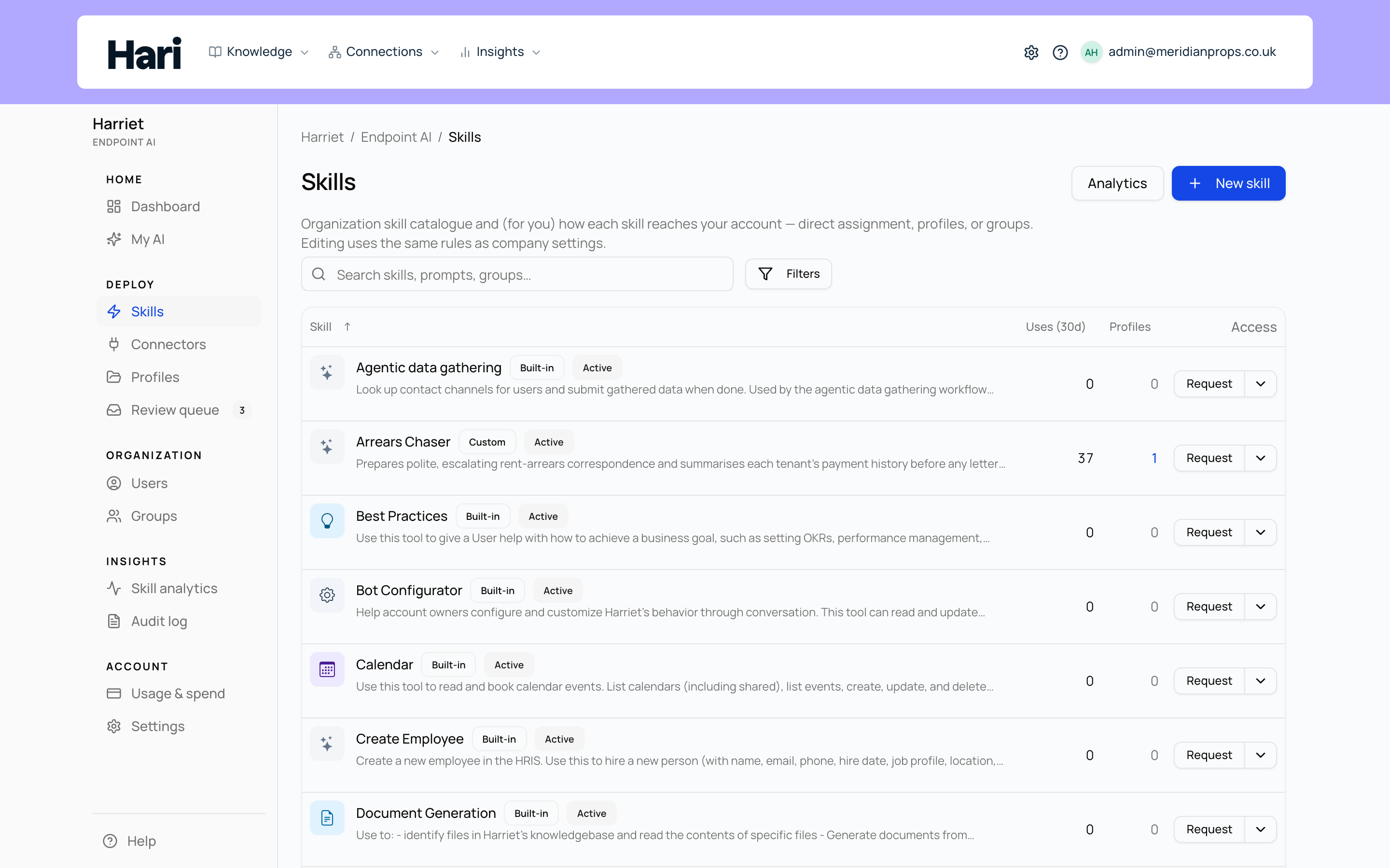 The Skills screen showing the organization skill catalog with search and All, Custom, and Built-in filters