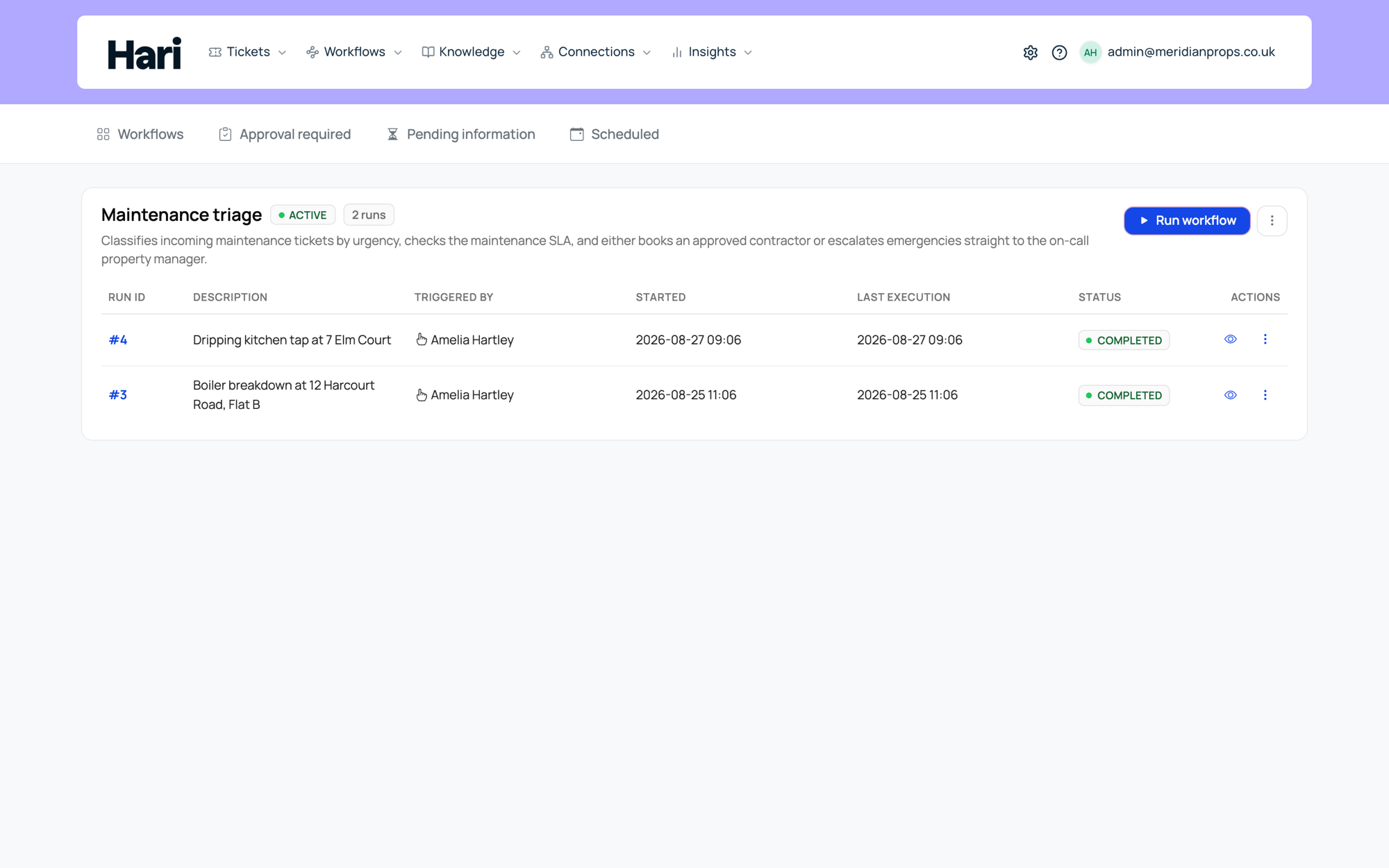A workflow with its run history