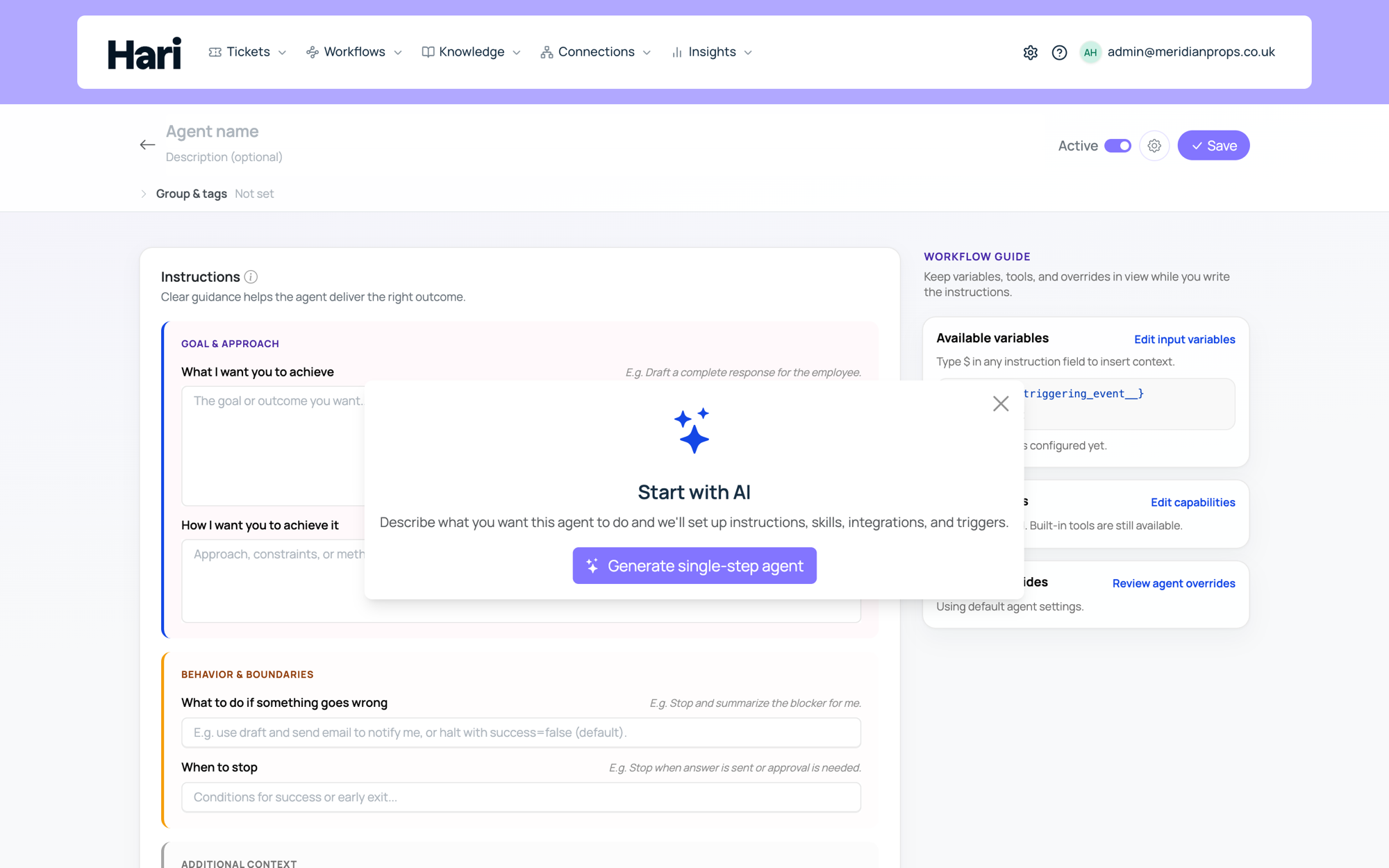 The workflow builder showing agent instruction fields
